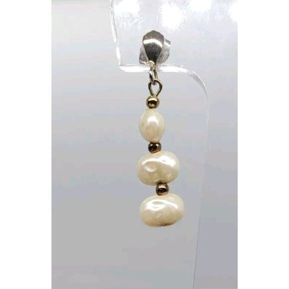 Vintage Faux Pearl Earrings Triplr Long Dangle Freshwater Gold Plated Beads - Picture 3 of 7